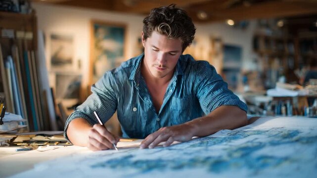Expert drafter skillfully creates precise architectural blueprints at a large drafting table.
