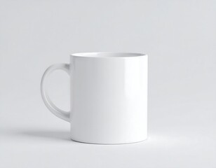 A pristine white mug stands elegantly on a plain, neutral background, showcasing its simple, clean design.