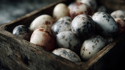 Obraz premium A rustic wooden crate filled with a diverse collection of organic speckled eggs highlighting their natural imperfections and earthy tones