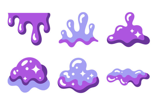 Dripping slime vector illustrations, purple goo splatters, sticky cartoon blobs set, messy liquid slime elements, fun playful design