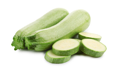 Fresh whole and cut zucchinis isolated on white