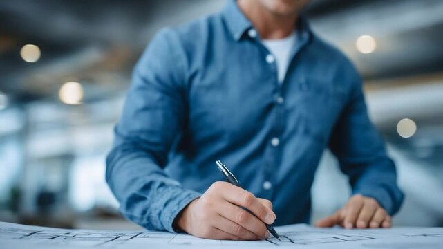 Expert drafter meticulously crafting architectural layouts with ink pen, showcasing precise technical strokes on modern floor plans and elevations.