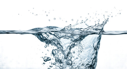 crystal clear water captured mid-splash with intricate ripples, delicate bubbles, and suspended droplets, on a bright white studio background, high-key lighting, concept of ultimate freshness and
