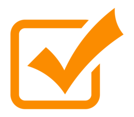 Orange check mark in rounded square PNG with transparent background, confirmation icon for UI feedback, task validation, and approval state