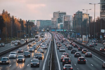 Naklejka premium Aerial shot of highway with multiple lanes packed with vehicles, city transport congestion, urban traffic design pattern and modern road network infrastructure concept