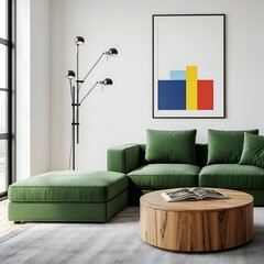 Modern living room with green sectional sofa and abstract art on wall