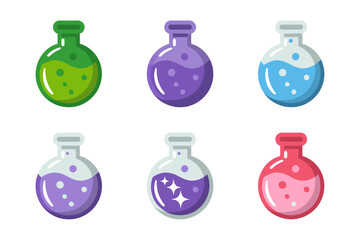 Alchemy potion bottles vector illustrations, magical elixir flasks, colorful fantasy containers set, mystical glass potion graphics, enchanted design icons