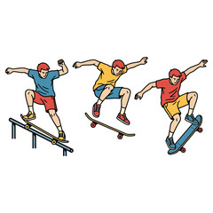 A group of four young skateboarders, including one grinding a rail, captured in various energetic and cool action poses vector illustration