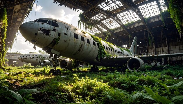 Abandoned Airplane Graveyard with Overgrown Vegetation and Nature Taking Over