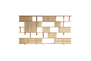 Multi-level wooden wall shelving unit with compartments