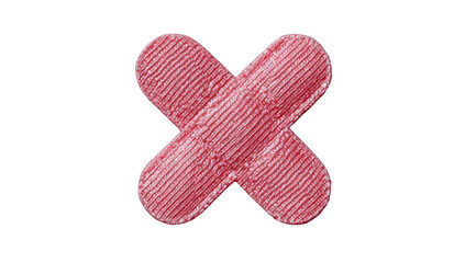 A crimson-pink adhesive bandage, shaped as a cross