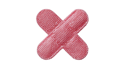 A crimson-pink adhesive bandage, shaped as a cross
