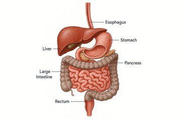 Human Digestive System Illustration with Labeled Organs, Educational Medical Diagram Illustration