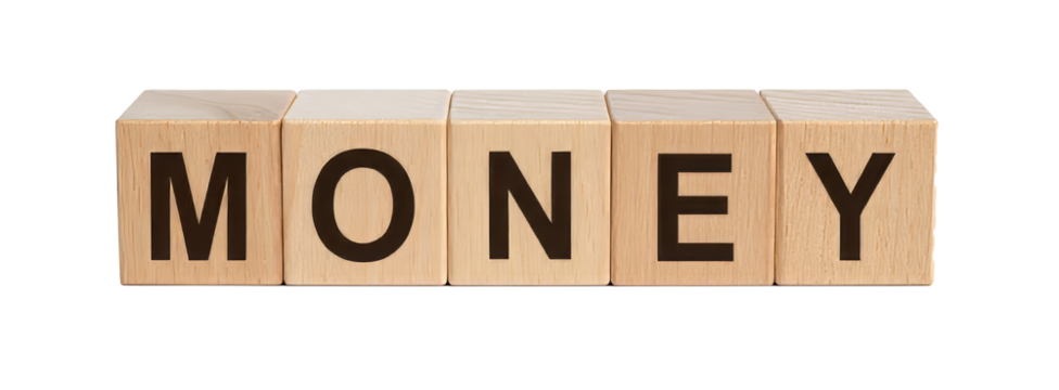 Wooden cubes spelling money on white background