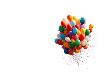 Colorful balloons clustered together, surrounded by confetti, against a black backdrop