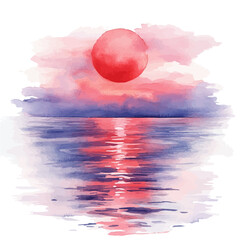 Sunset Over Calm Ocean, watercolor vector, isolated on a white background.