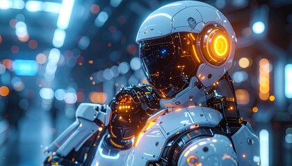 Cybernetic Robot with Glowing Joints in Futuristic Setting