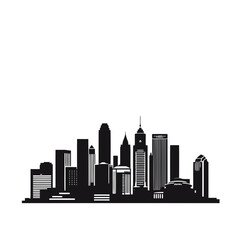 An urban cityscape silhouette with a business downtown skyline, a vector illustration of high-rise and modern architecture buildings