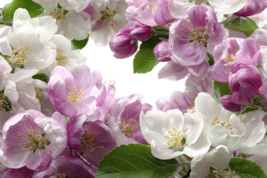 Close-up of pink and white apple blossoms, bat shape cut-out