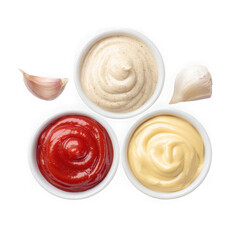 Three bowls of sauces and garlic isolated on transparent background
