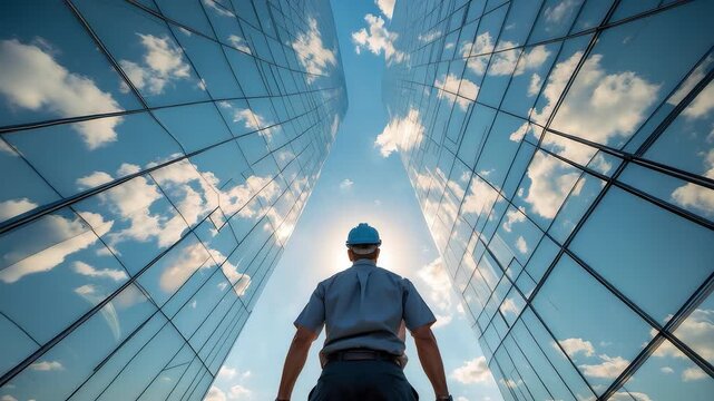 Construction worker wearing safety helmet looking up at modern glass skyscrapers with clouds reflecting on tall building facades in sunlight