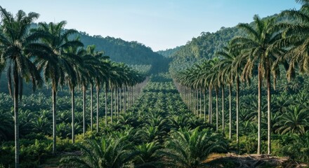 Palm oil plantation stretching into a valley, a landscape of tall palm trees