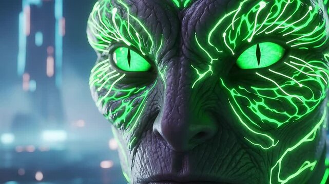 Cinematic closeup of neon circuitry alien humanoid with glowing green catlike eyes.