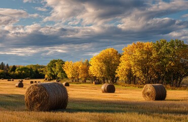 Round hay bales drying in field during fall harvest season