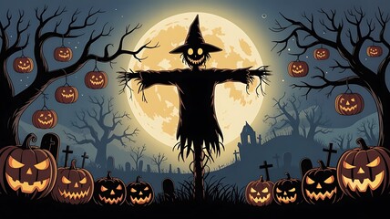Eerie Halloween Scarecrow and Jack-o'- Lanterns at Night