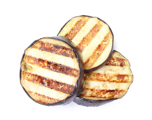 Slices of grilled eggplant isolated on white, top view