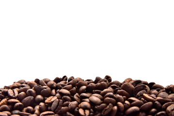 Mound of coffee beans with a transparent PNG background on top. Perfect for montage or text space.