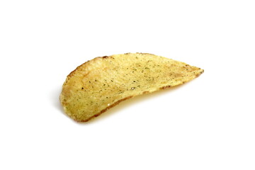 One potato chip lies on a white background.	