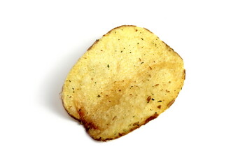 One potato chip lies on a white background.	