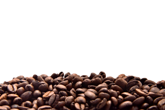 Mound of coffee beans with a transparent PNG background on top. Perfect for montage or text space.