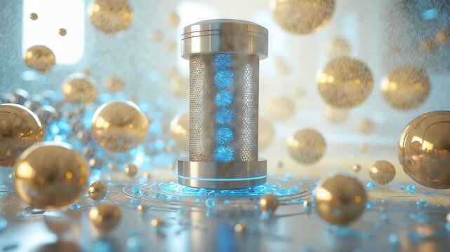 Metallic energy core glowing with blue light surrounded by floating golden spheres in bright illuminated environment with digital design