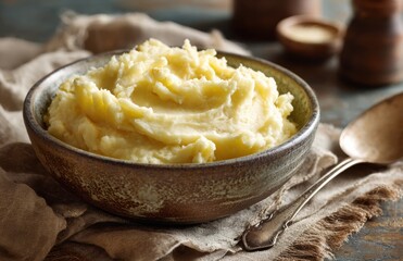 Creamy mashed potatoes served in rustic bowl with spoon