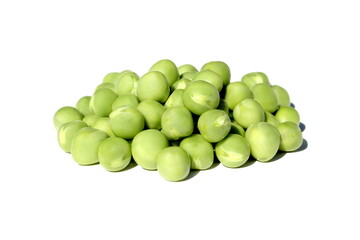 A pile of green peas lies on a white background.