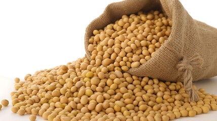Obraz premium Sacked soybeans spilling onto a white background soy beans