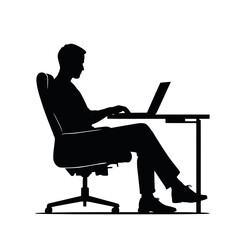 A person sits at a desk typing on a laptop, a silhouette of a businessman working