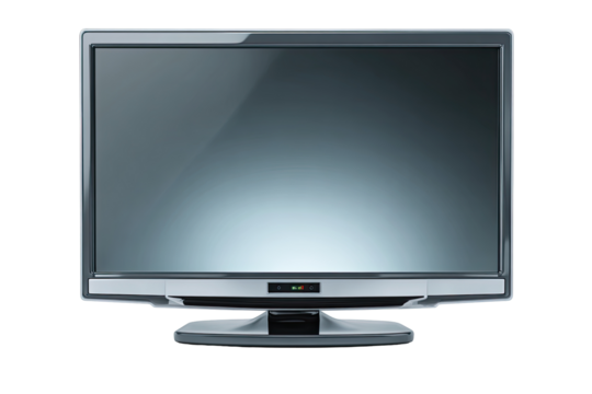 Front view of a flat-screen television with a light gray/silver finish.  The screen displays a dark gray gradient