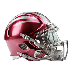 Fototapeta premium Close-up profile view of a crimson-red football helmet with silver stripes and a protective face mask