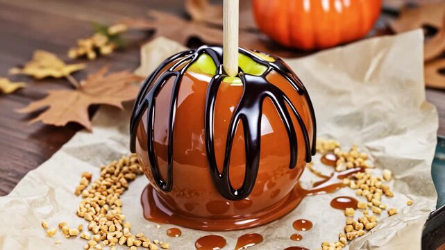Spinning Shot of Glossy Caramel Apple with Nuts on Parchment