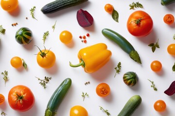 Colorful fresh produce arrangement, flat lay style, white table background, healthy diet, organic vegetables and fruits, vegan food concept and kitchen photography