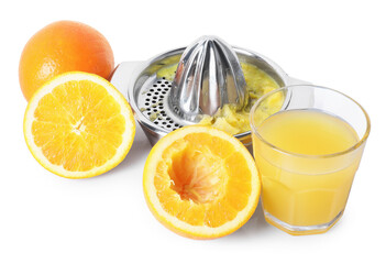 Freshly squeezed orange juice, fruits and juicer isolated on white