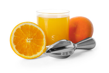 Freshly squeezed orange juice, fruits and juicer isolated on white