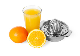 Freshly squeezed orange juice, fruits and juicer isolated on white