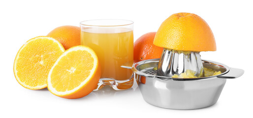 Freshly squeezed orange juice, fruits and juicer isolated on white