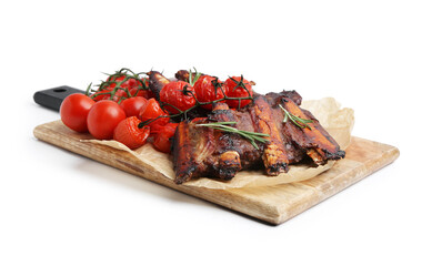 Roasted beef ribs with rosemary and tomatoes isolated on white