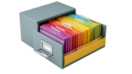 Gray file cabinet drawer filled with colorful folders