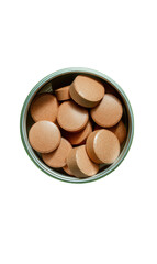 Light beige round pills in a round, light olive-green tin
